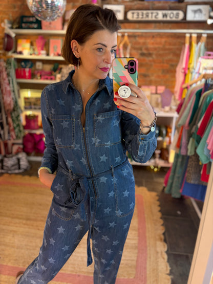 Star Print Denim Jumpsuit