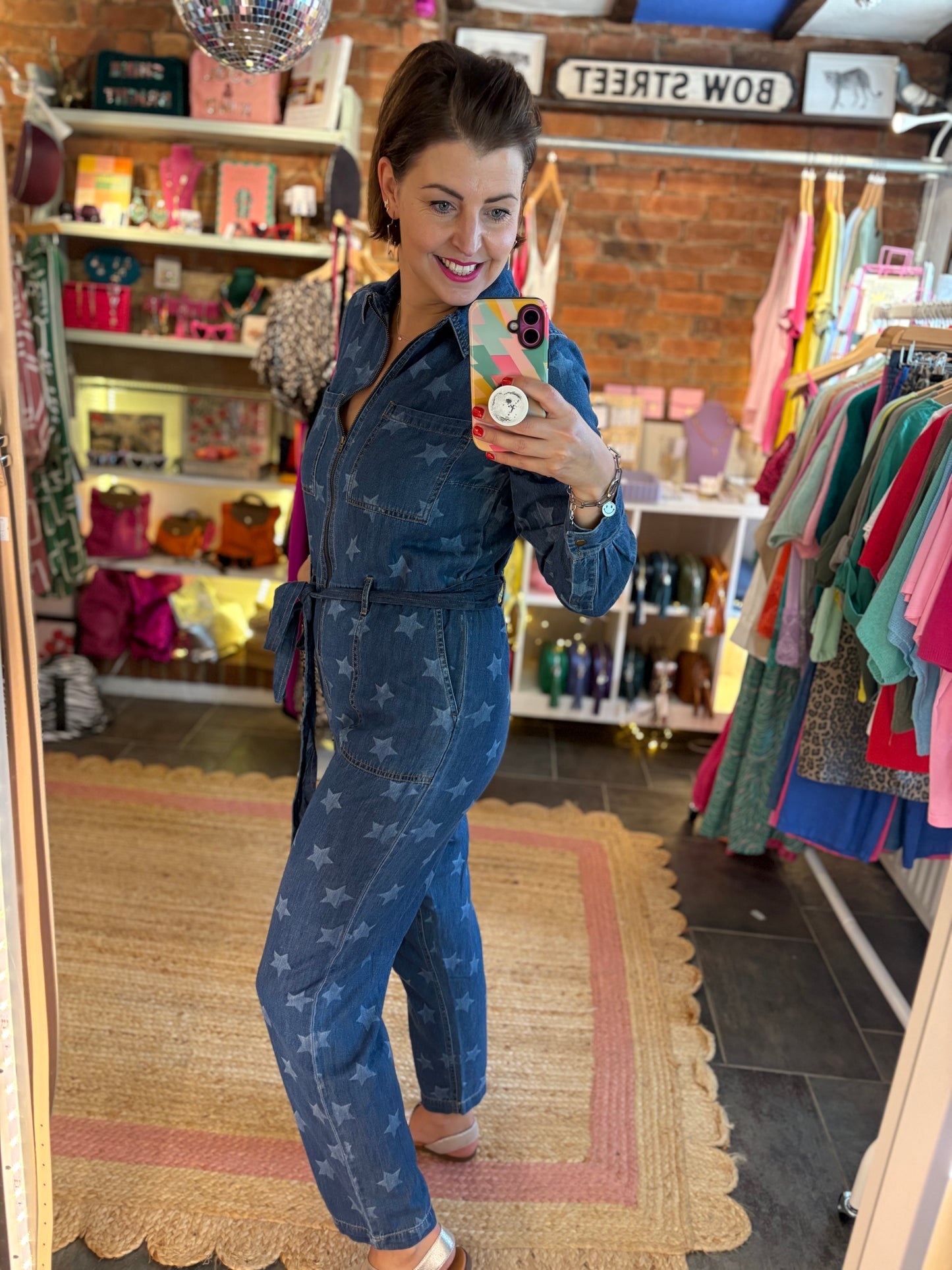 Star Print Denim Jumpsuit