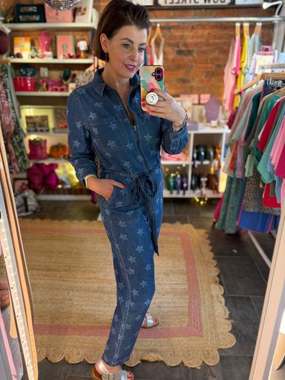 Star Print Denim Jumpsuit