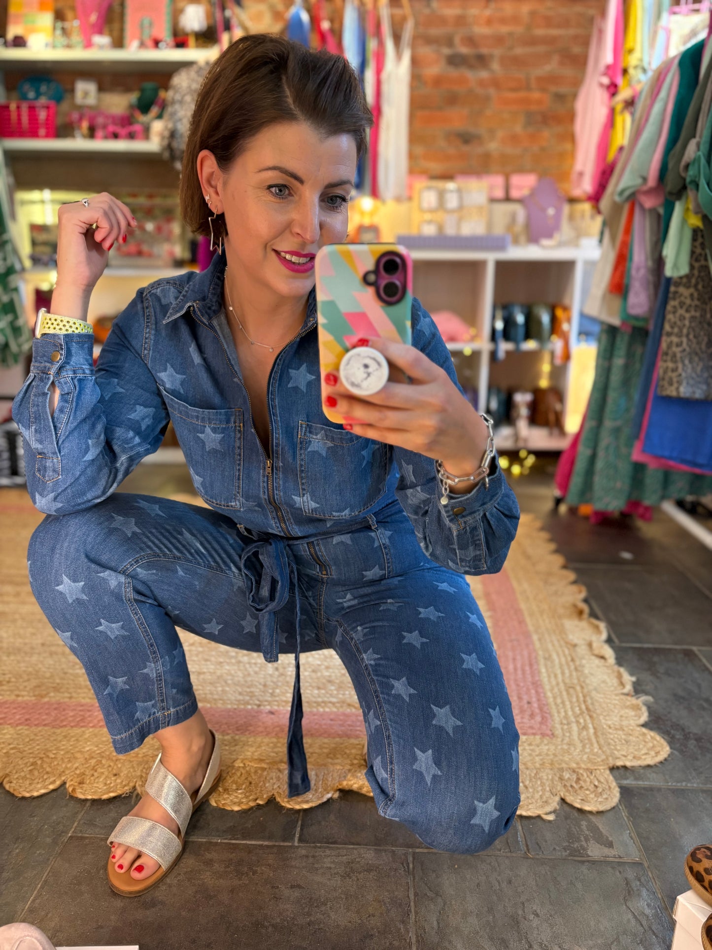 Star Print Denim Jumpsuit