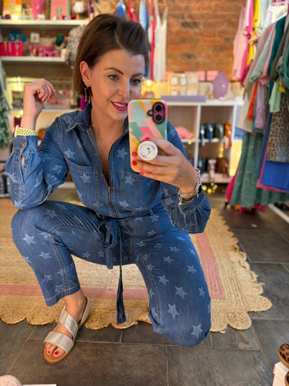 Star Print Denim Jumpsuit