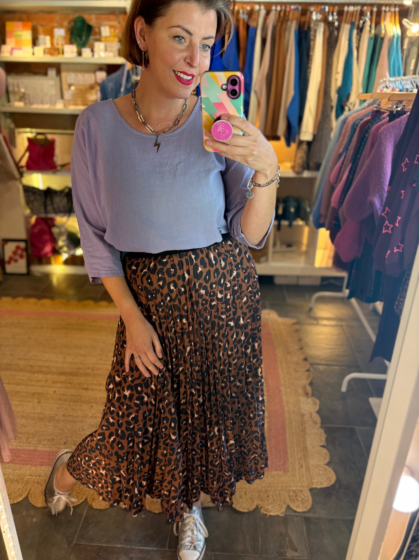 Leopard Print Pleated Skirt