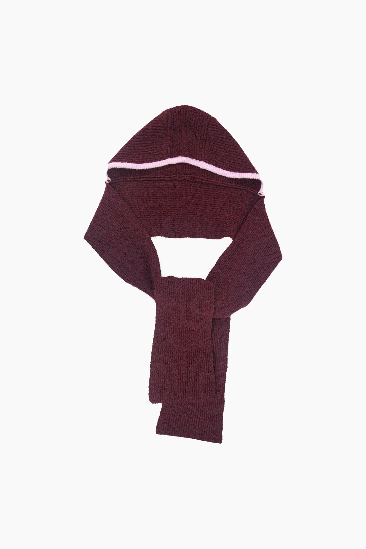 A dark burgundy knit hooded scarf with a light pink stripe detail across the hood, displayed on a clean white background.