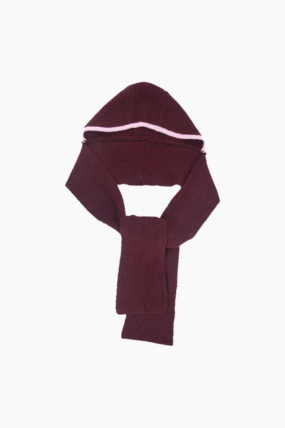 A dark burgundy knit hooded scarf with a light pink stripe detail across the hood, displayed on a clean white background.