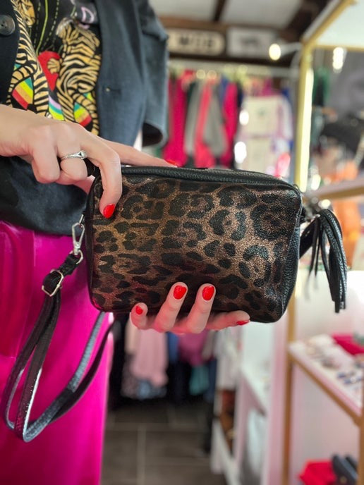 Leather Metallic Leopard Print Bag