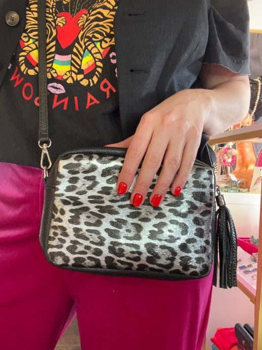 Leather Metallic Leopard Print Bag