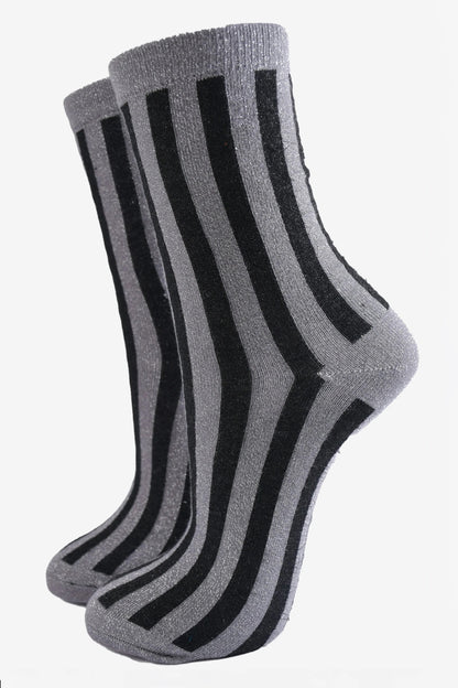 Black & Grey Striped Glitter Socks