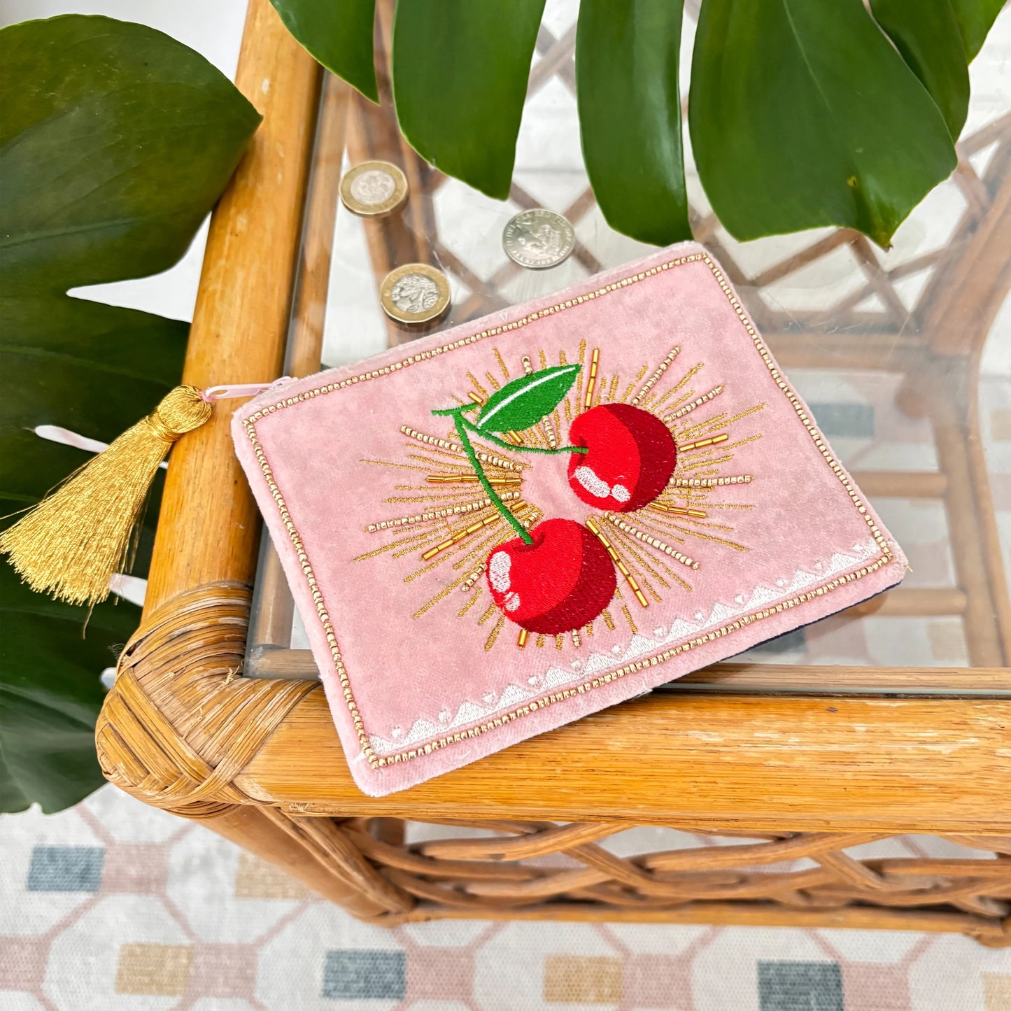 Embroidered Cherry Zip Pouch