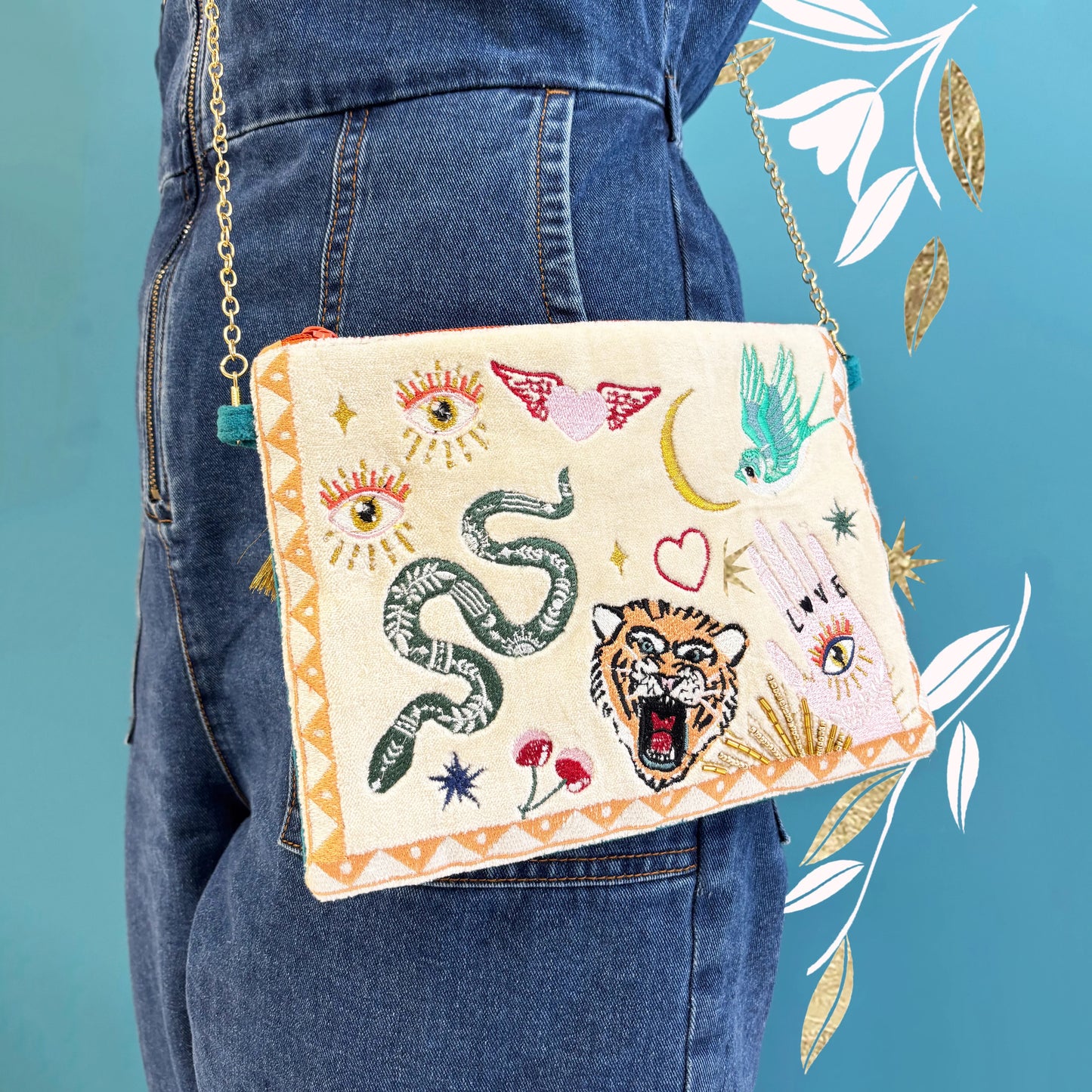 Embroidered Tattoo Crossbody Bag