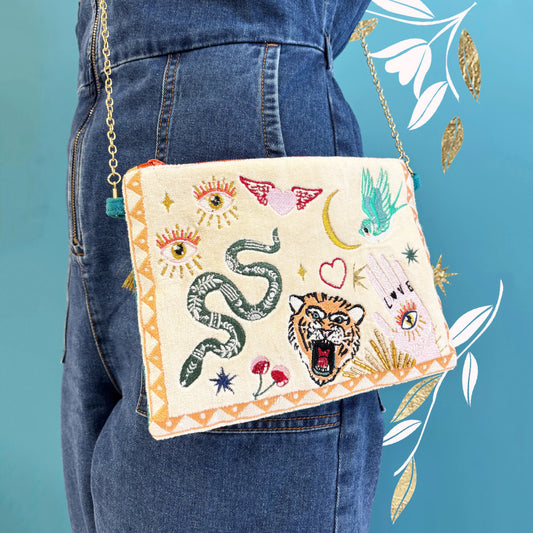 Embroidered Tattoo Crossbody Bag