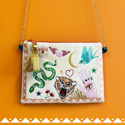 Embroidered Tattoo Crossbody Bag