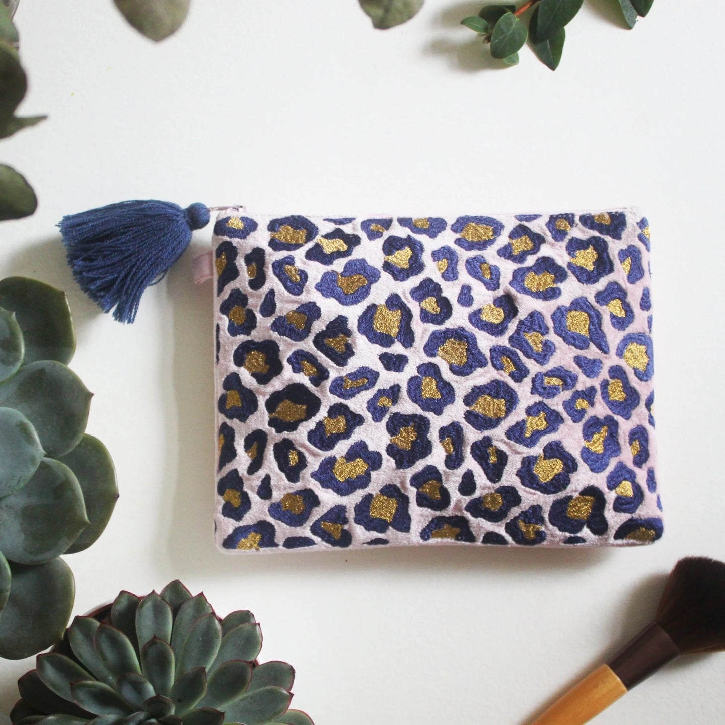 Embroidered Leopard Print Zip Clutch Pouch