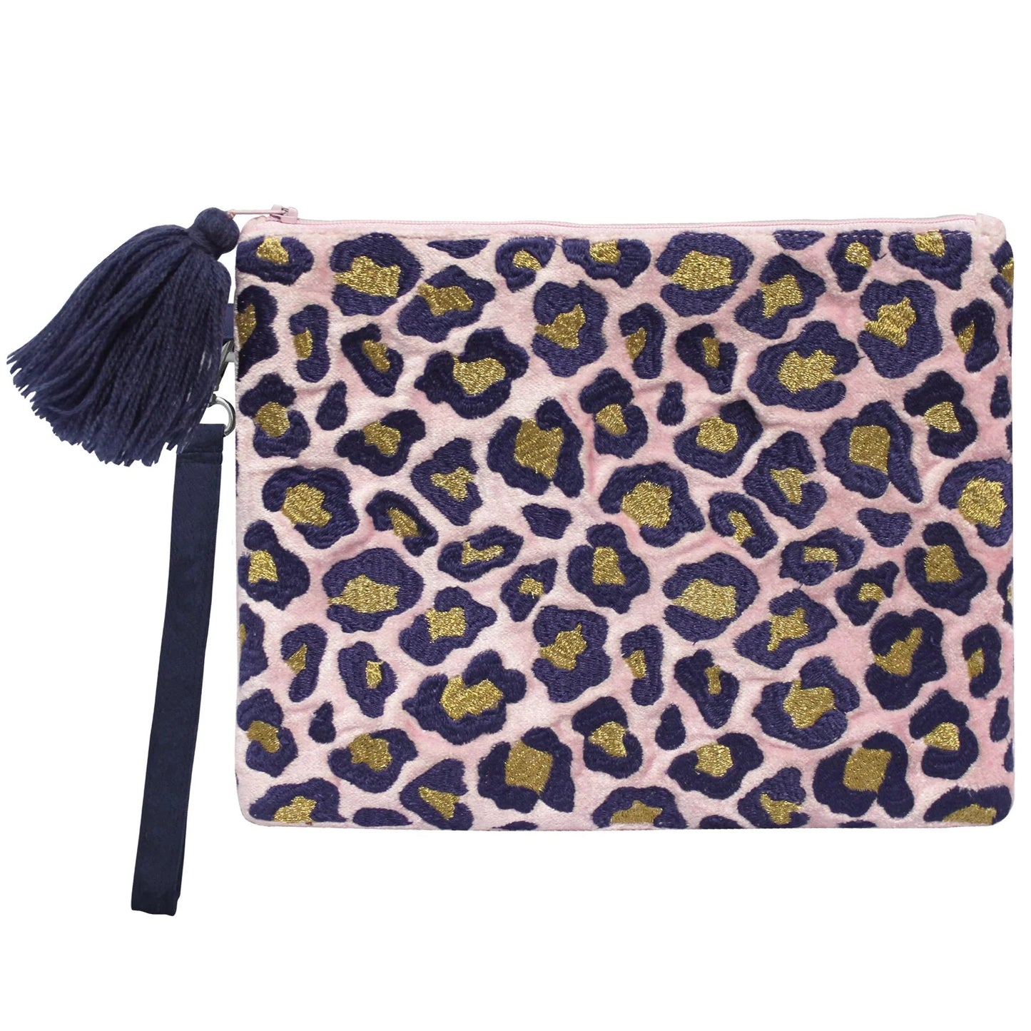 Embroidered Leopard Print Zip Clutch Pouch