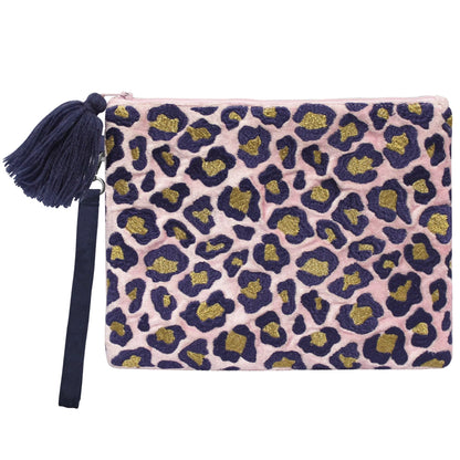 Embroidered Leopard Print Zip Clutch Pouch
