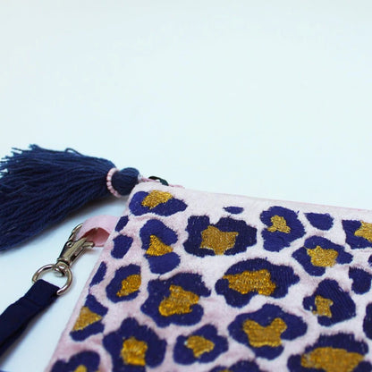 Embroidered Leopard Print Zip Clutch Pouch