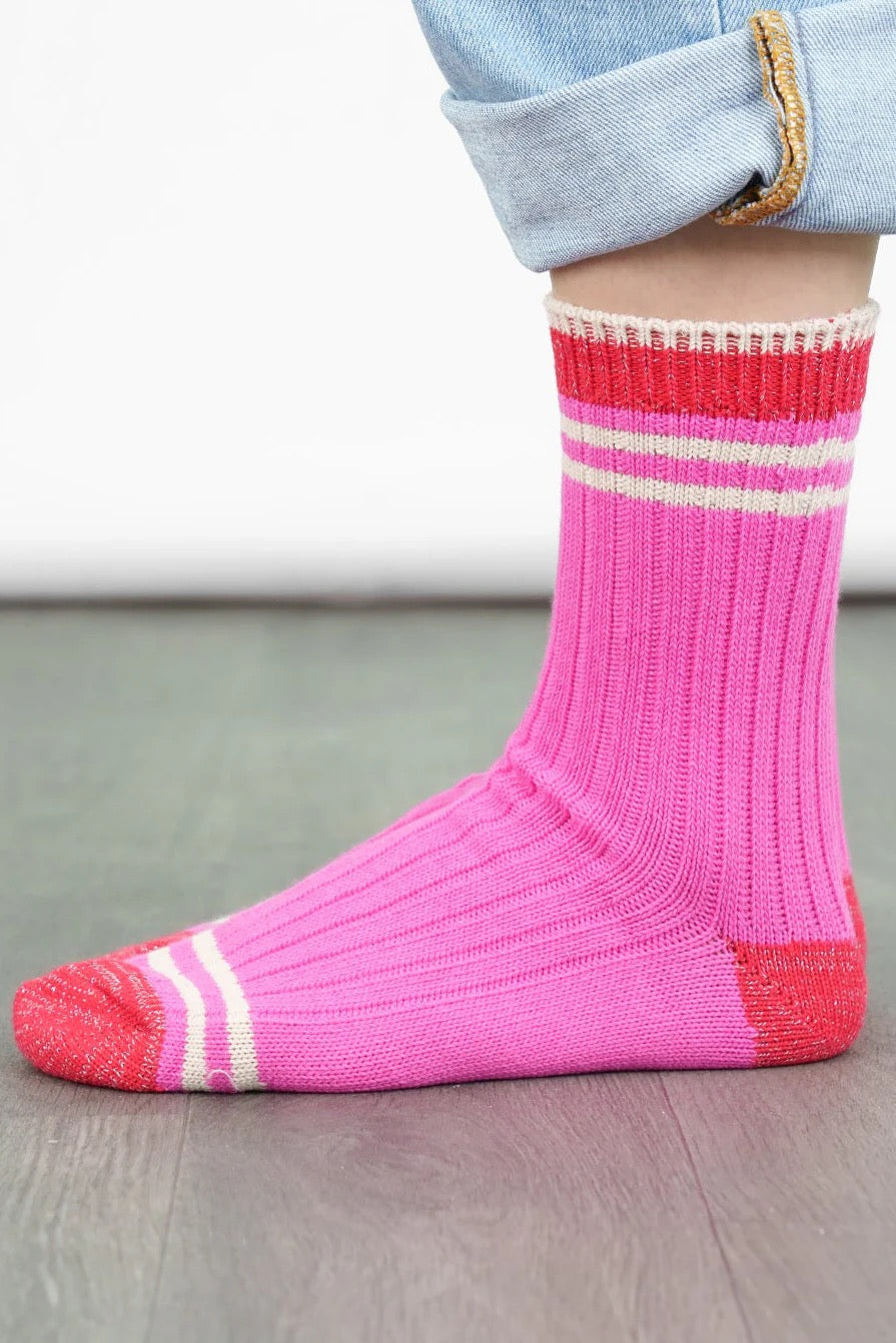 Pink Striped Cuff Ribbed Socks