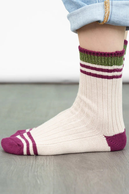 Cream & Burgundy Striped Cuff Ribbed Socks