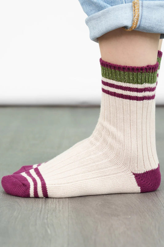 Cream & Burgundy Striped Cuff Ribbed Socks