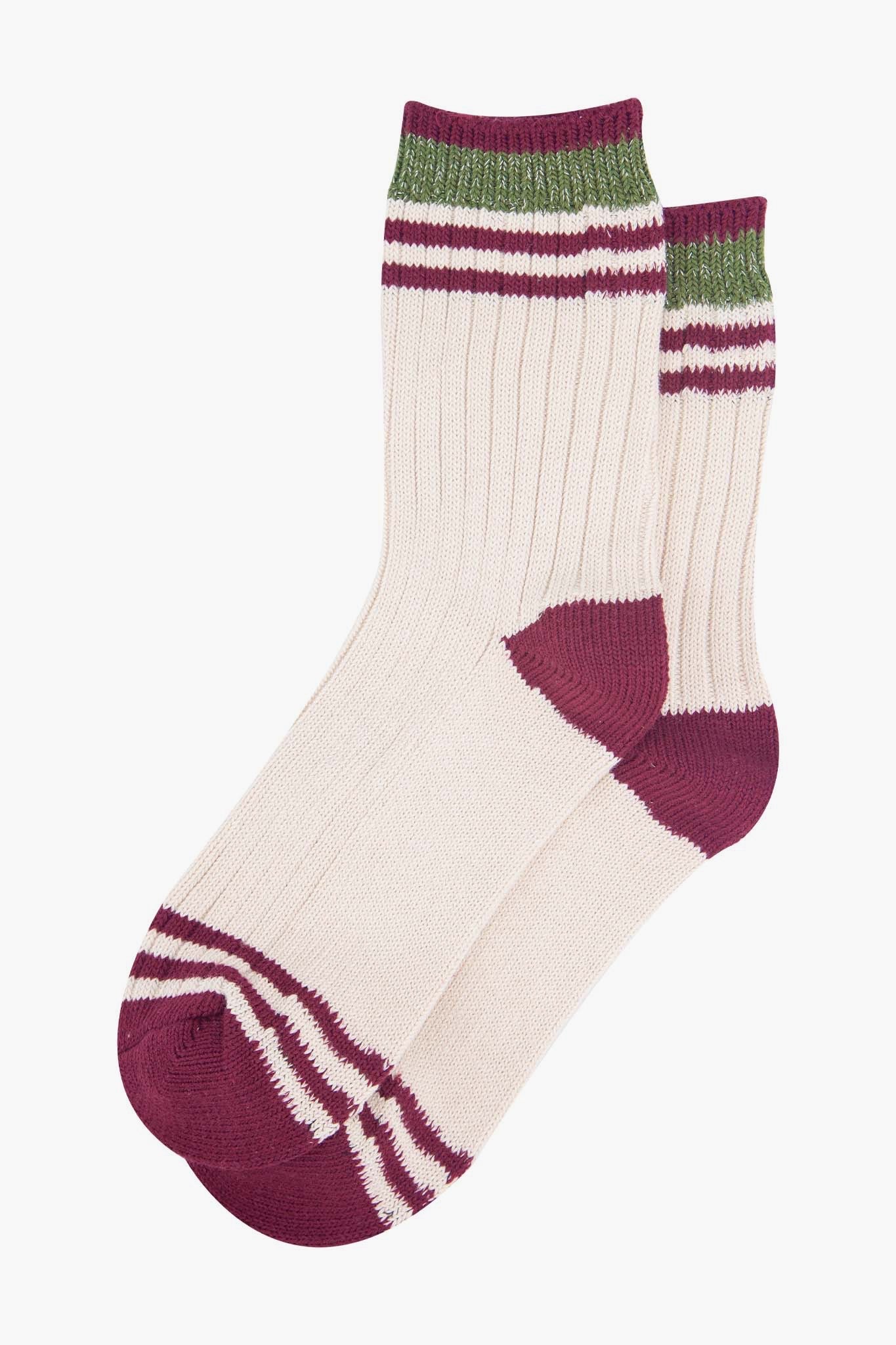 Cream & Burgundy Striped Cuff Ribbed Socks