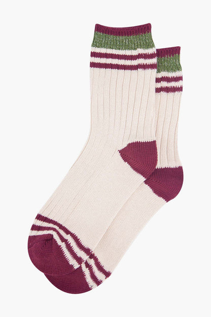 Cream & Burgundy Striped Cuff Ribbed Socks