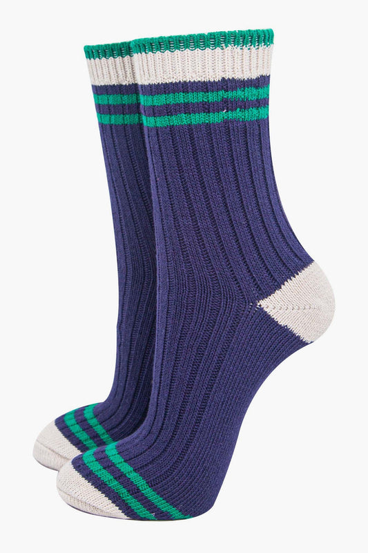 Navy Striped Cuff Ribbed Socks