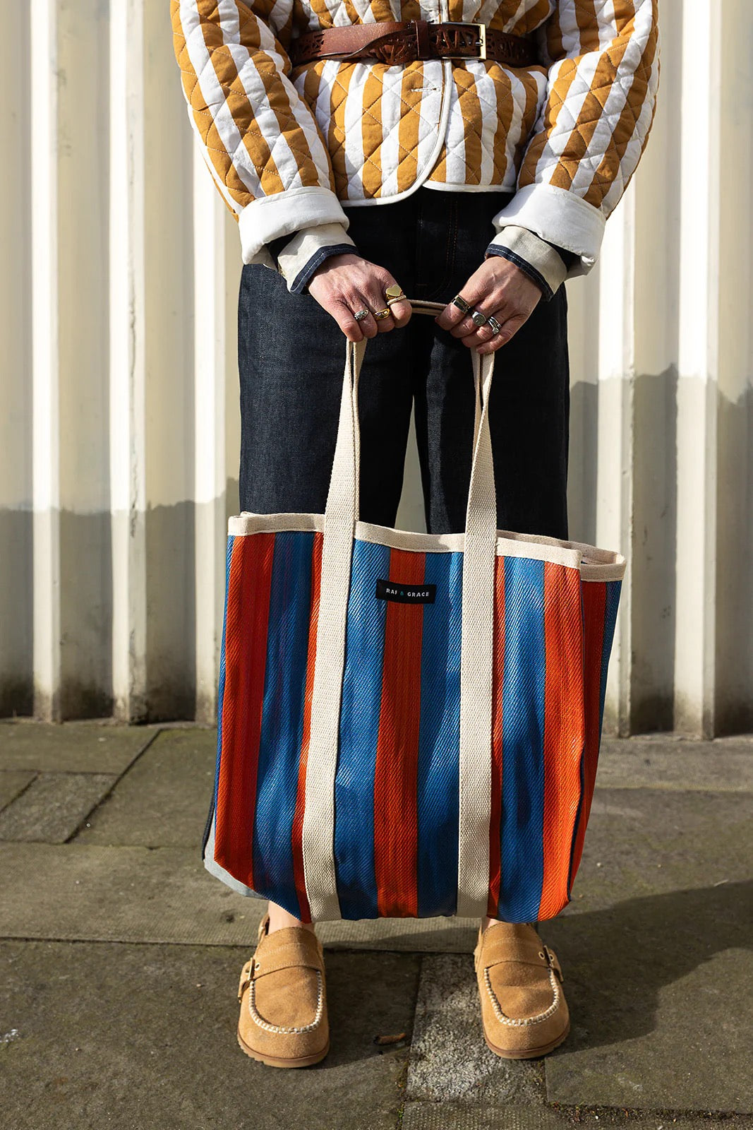 Large Striped Shopper Bag Blue & Orange
