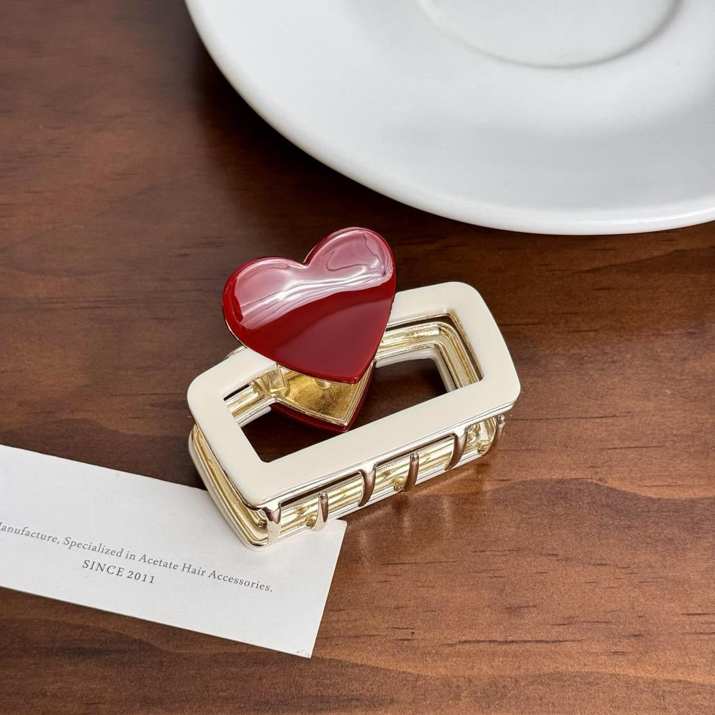 Cream & Red Heart Hair Claw