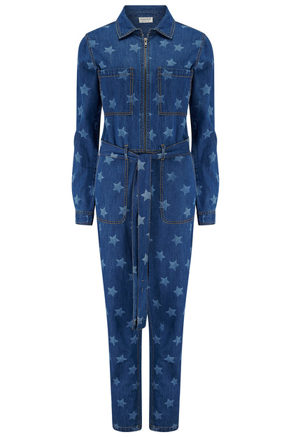 Star Print Denim Jumpsuit