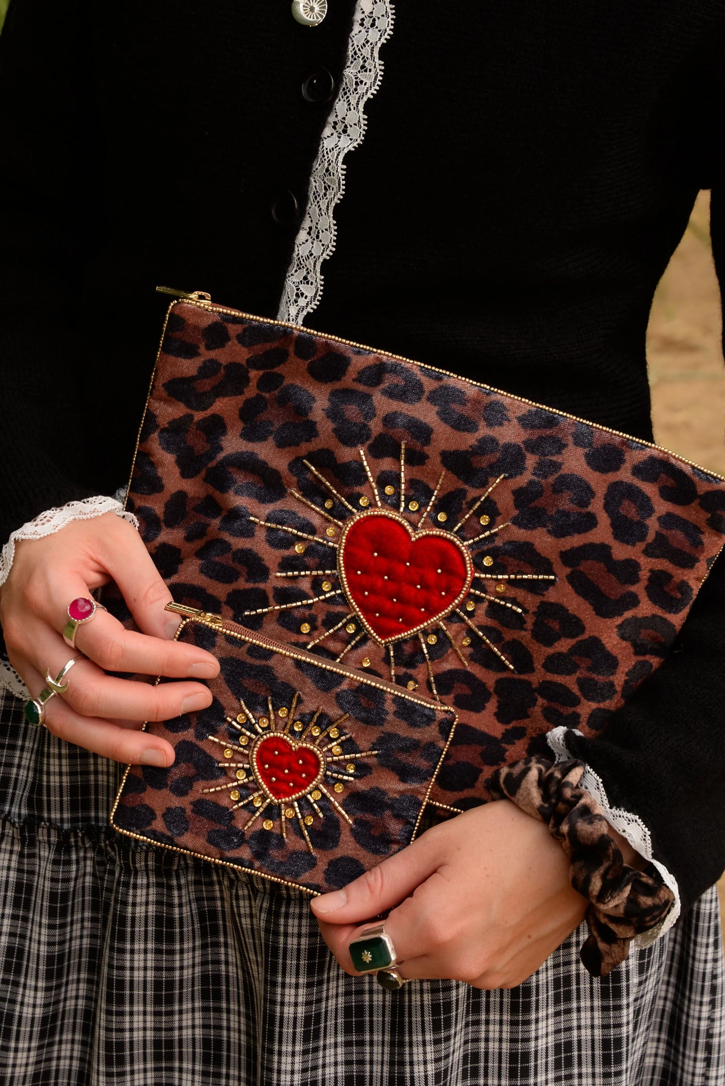 Leopard Heart Velvet Wash Bag