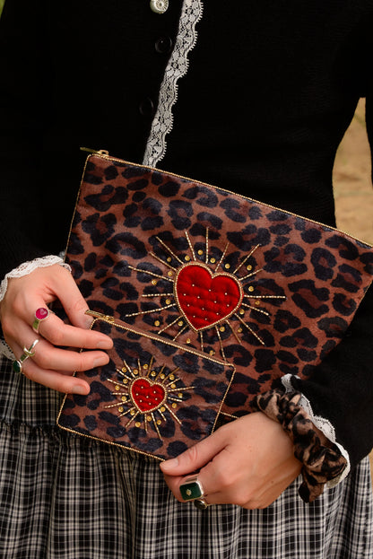 Leopard Heart Velvet Wash Bag