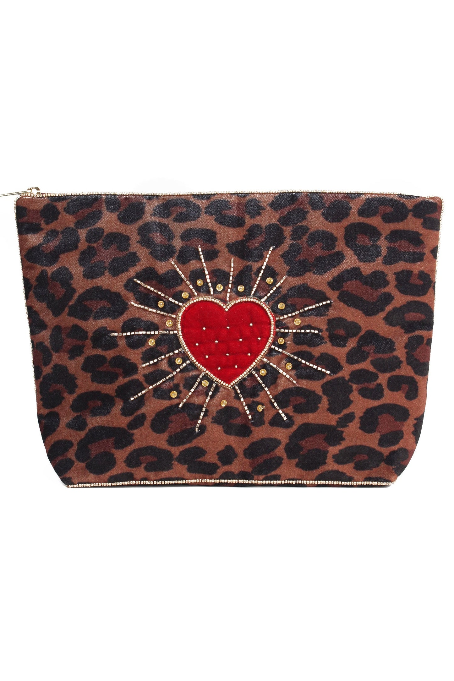 Leopard print pouch with a red heart and gold accents on a white background