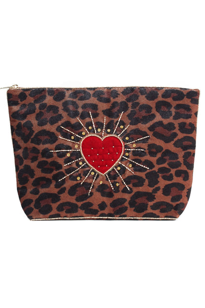 Leopard print pouch with a red heart and gold accents on a white background