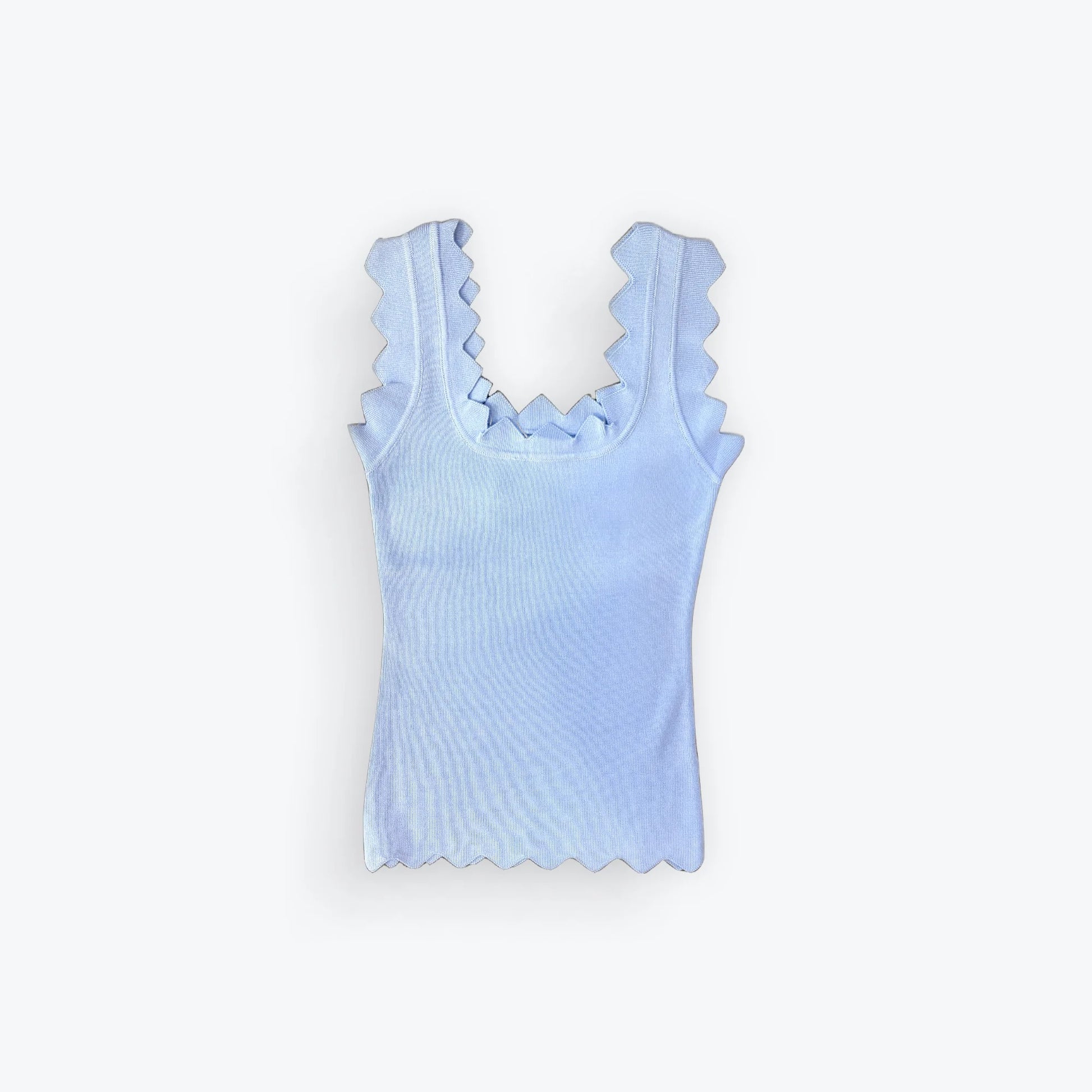 Light blue tank top with ruffled straps on a white background