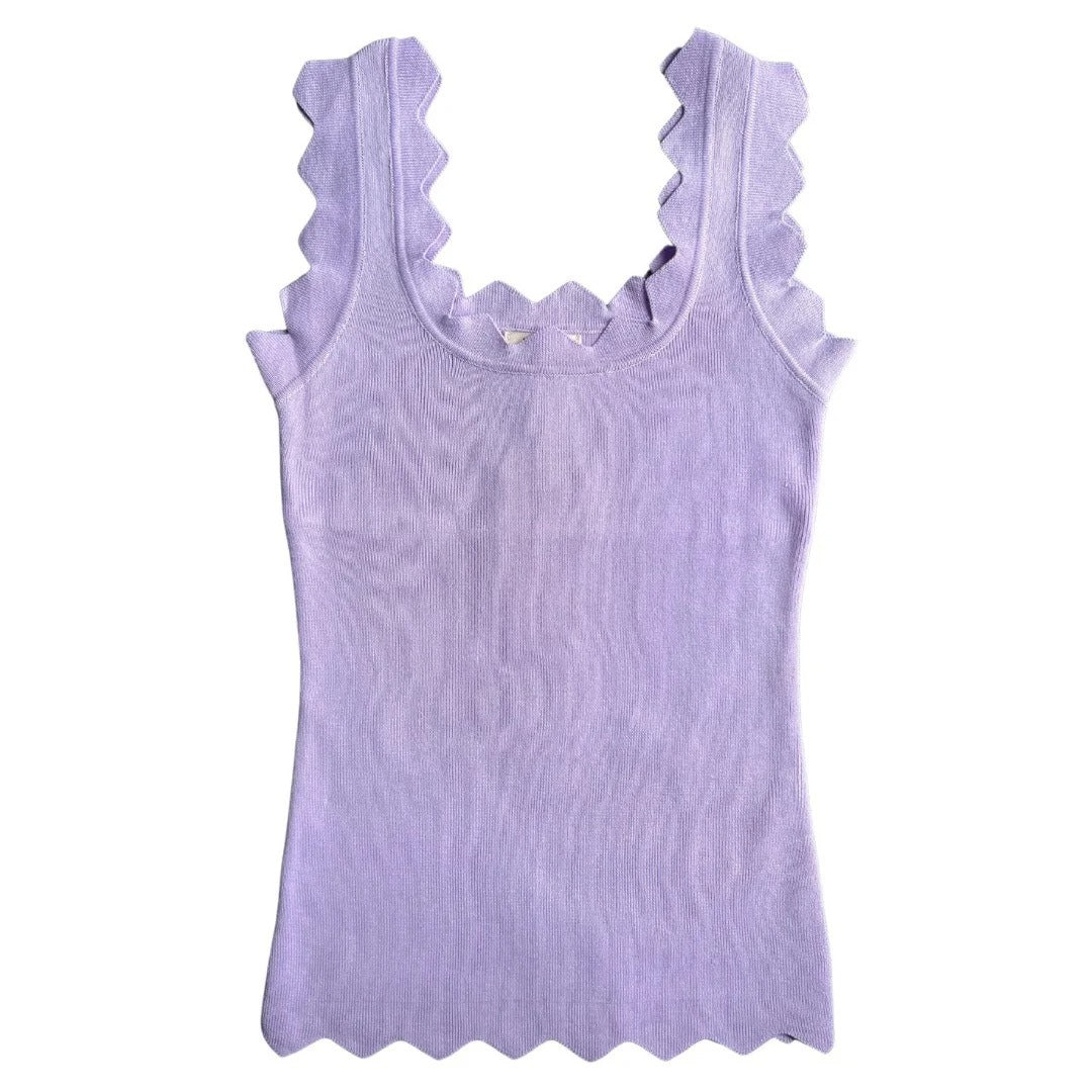 Lavender tank top with scalloped edges on a white background