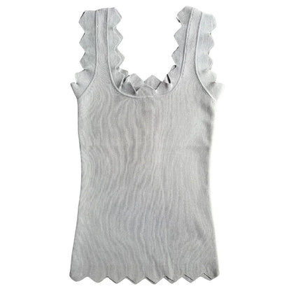 Gray tank top with ruffled trim on a white background