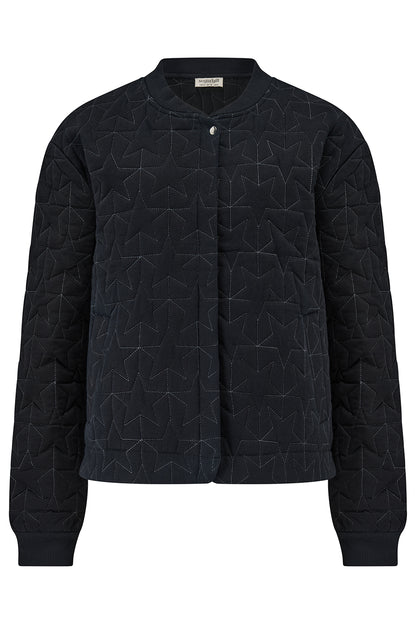Black quilted jacket with geometric star pattern on a white background