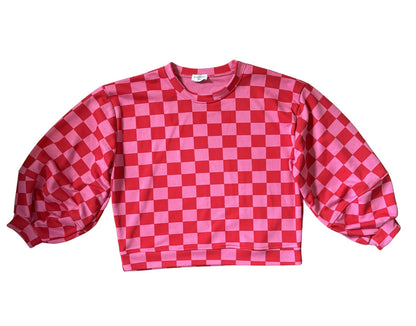 Checkerboard Balloon Sleeve Sweatshirt