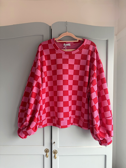 Checkerboard Balloon Sleeve Sweatshirt