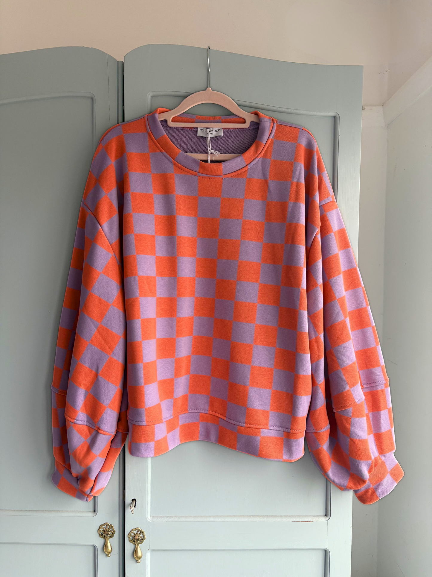 Checkerboard Balloon Sleeve Sweatshirt