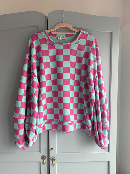 Checkerboard Balloon Sleeve Sweatshirt