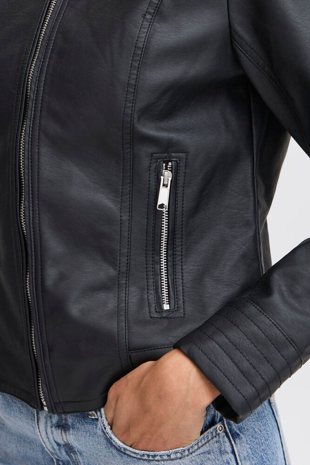 Close-up of a black leather jacket with a zipper pocket on a white background