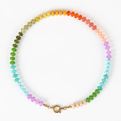 Multicolored beaded necklace with a gold clasp on a white background