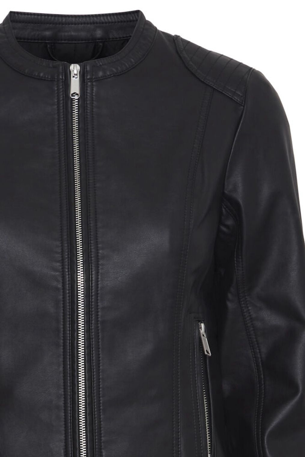 Close-up of a black leather jacket with a zipper