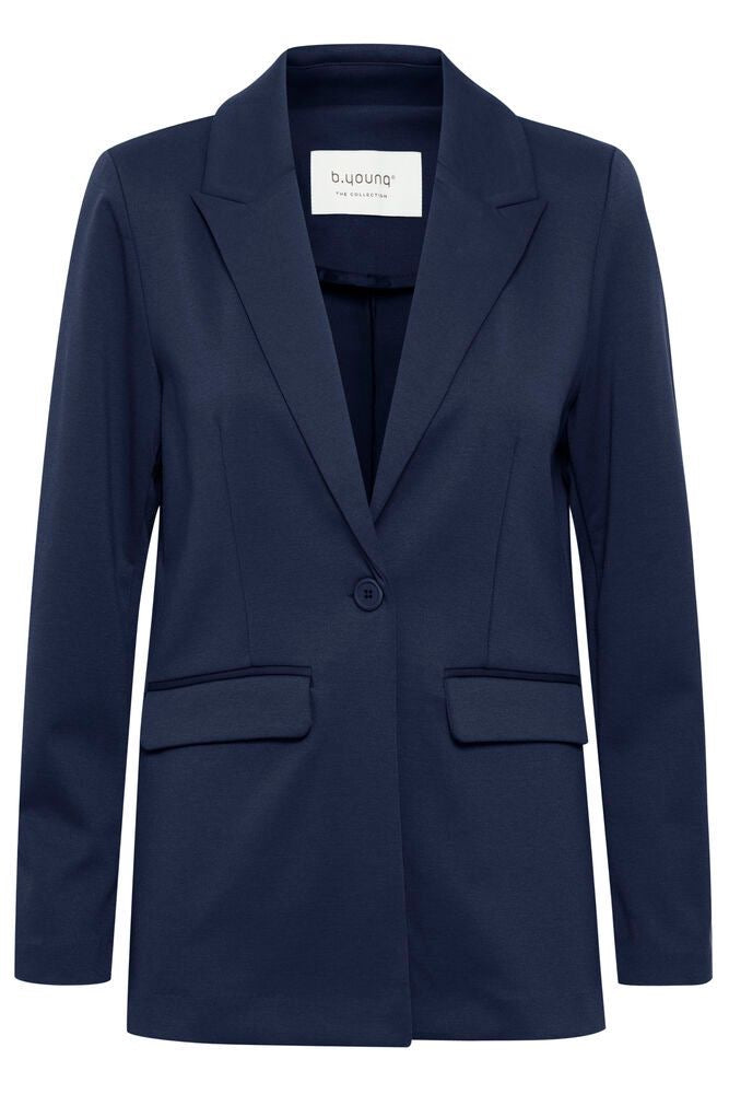 Navy blue blazer with a button on a white background