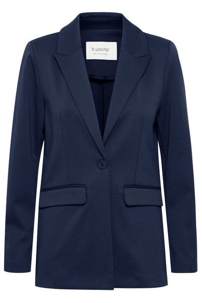 Navy blue blazer with a button on a white background