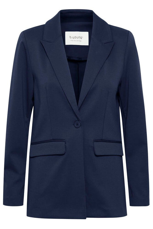 Navy blue blazer with a button on a white background