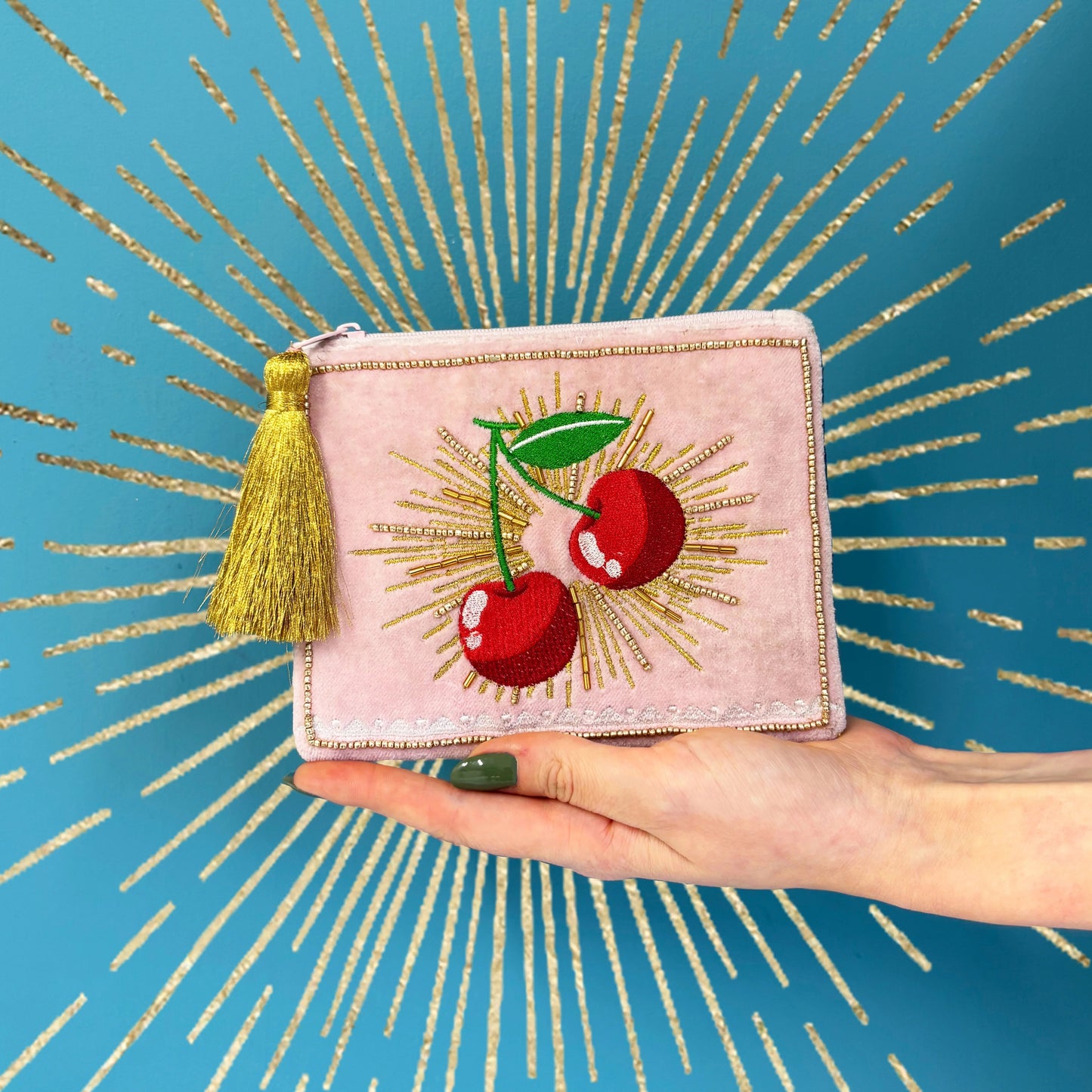 embroidered cherry velvet zip pouch with gold tassel