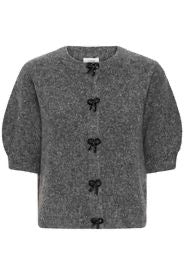 Grey cardigan with black buttons on a white background