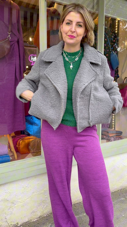 Teddy Fleece Short Biker Jacket | Grey