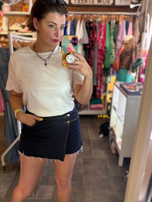 Dark Indigo Denim Skort with White T-Shirt
